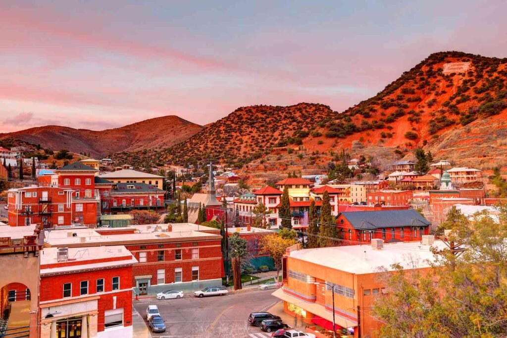 Colorful Victorian houses on hillsides in Bisbee Arizona - hidden gems USA