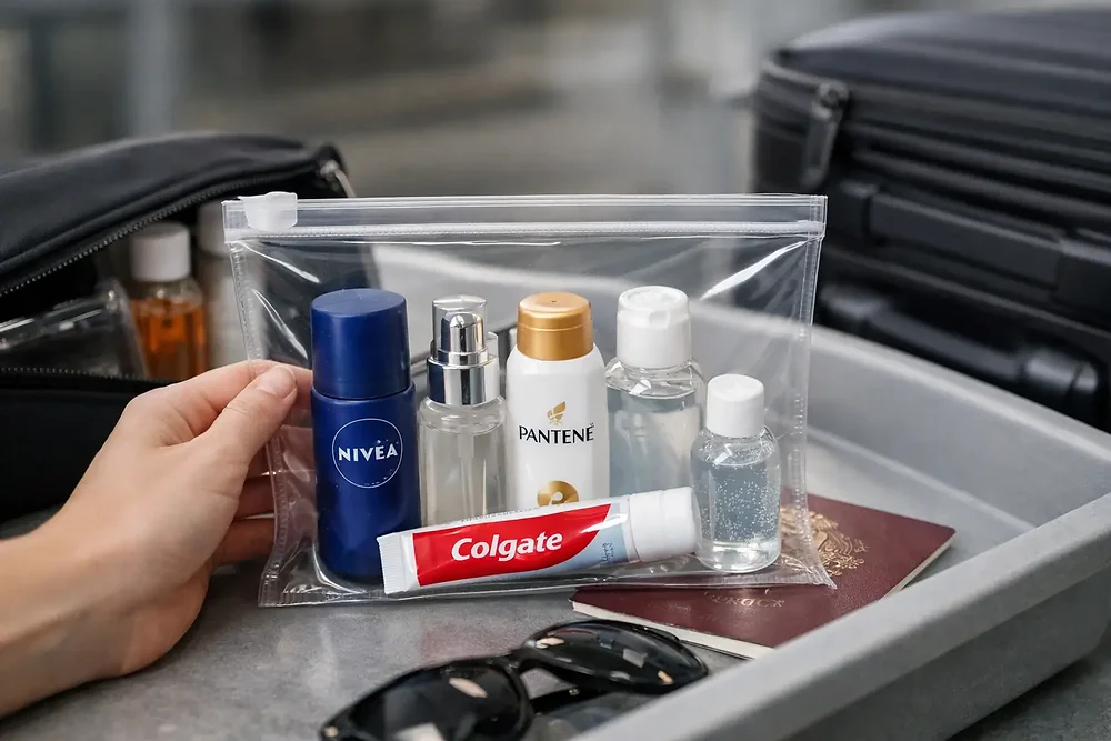 Carry-on toiletry bag with travel-size liquids arranged for airport security
