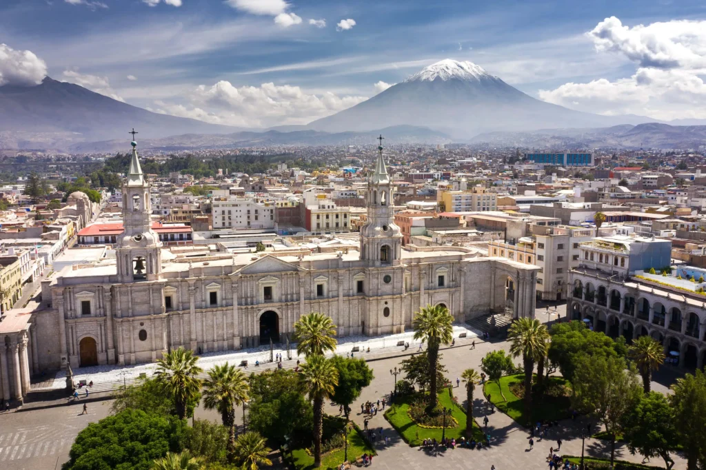Arequipa main square and cathedral with Misti Volcano in Peru