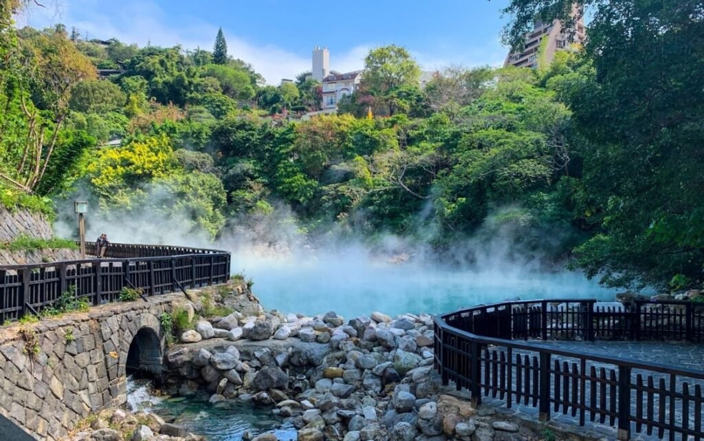 Beitou hot springs district in Taipei with steam rising from geothermal pools