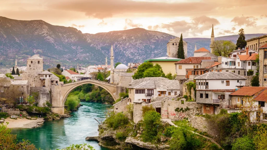 Stari Most bridge over the Neretva River in Mostar, Bosnia and Herzegovina