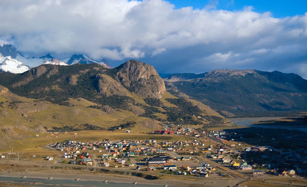 El Chalten village aerial view Argentina - Patagonia travel guide free hiking capital with Fitz Roy mountain range