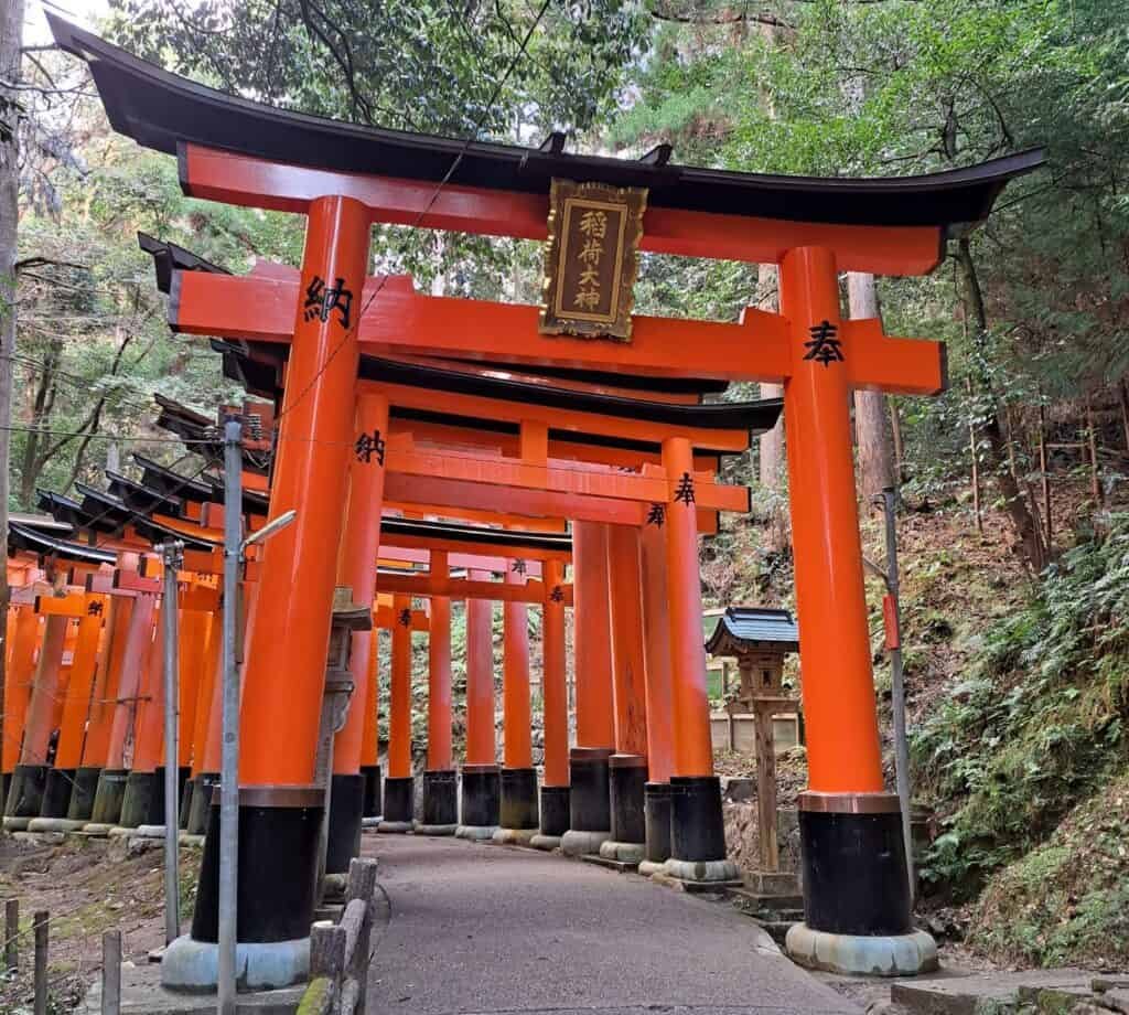 Torii gates tunnel on the upper trails of Fushimi Inari shrine in Kyoto