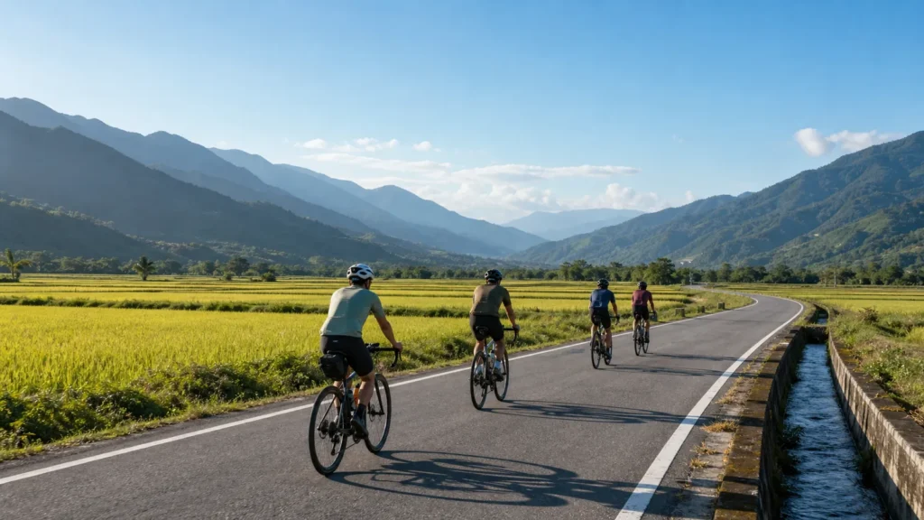 East Rift Valley in Taiwan with rice fields, mountains, and cycling route