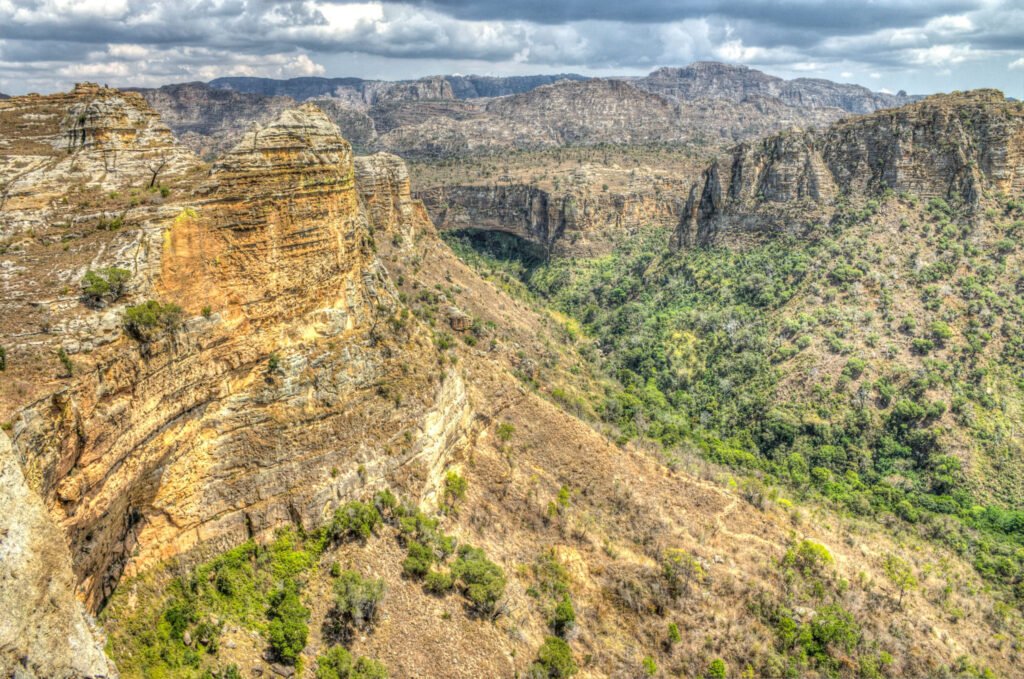 Canyon and sandstone rock formations in Isalo National Park southern Madagascar with endemic succulent plants