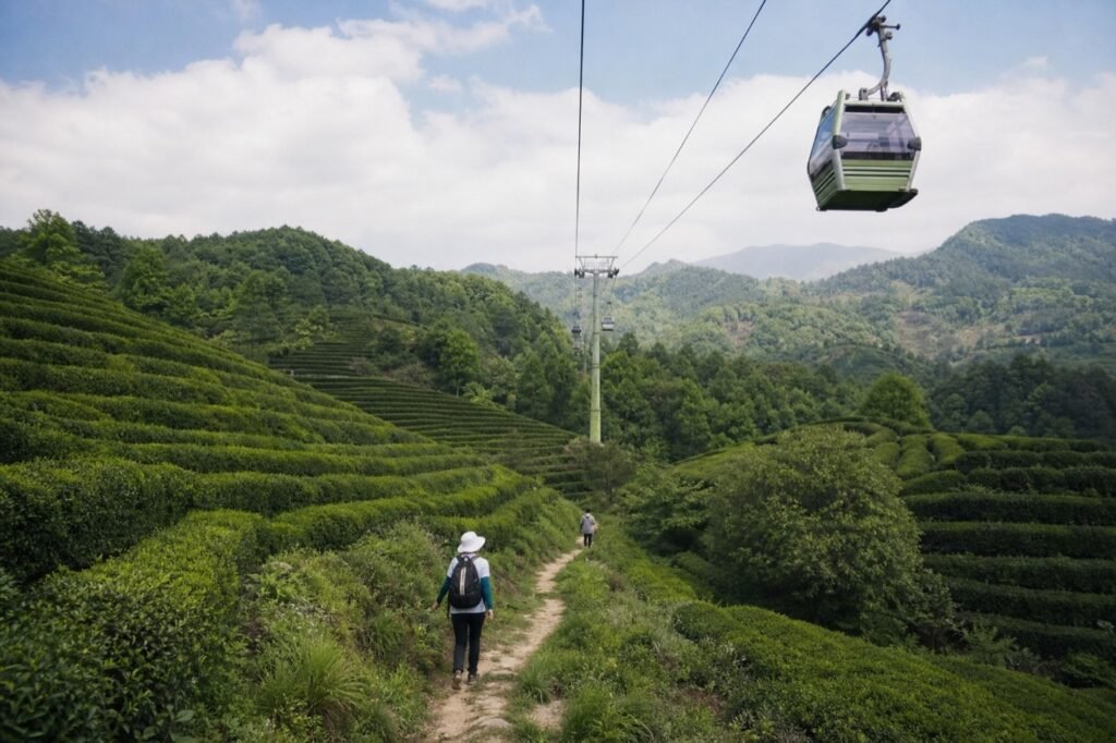 Maokong Gondola above tea farms and teahouses in Taipei