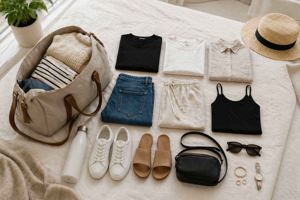 Flat-lay of a neutral capsule wardrobe
