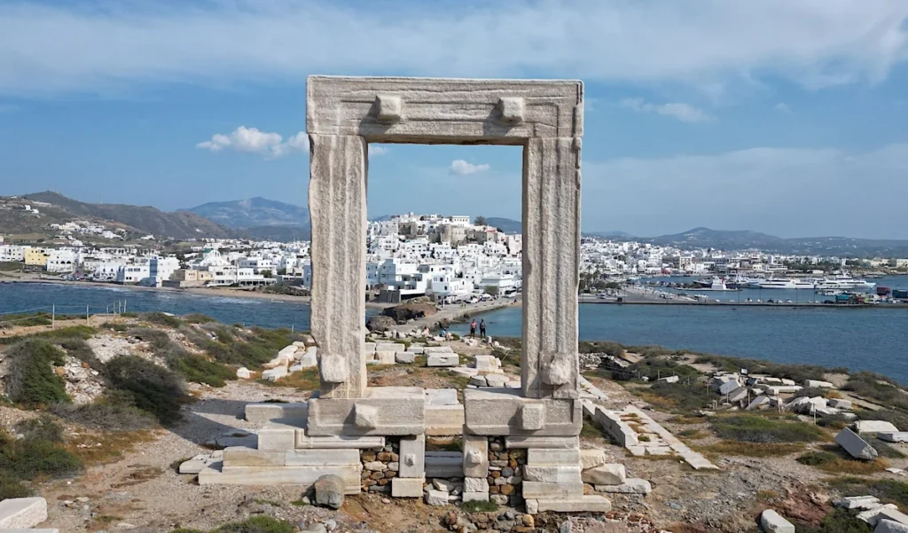 Portara marble gate at sunset on Naxos island Greece in the Cyclades