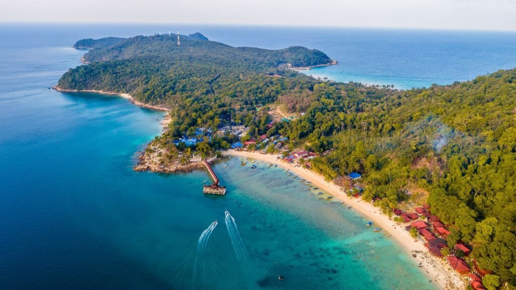 Perhentian Islands Malaysia aerial view - best islands Southeast Asia travel for budget snorkelling and beach bungalows