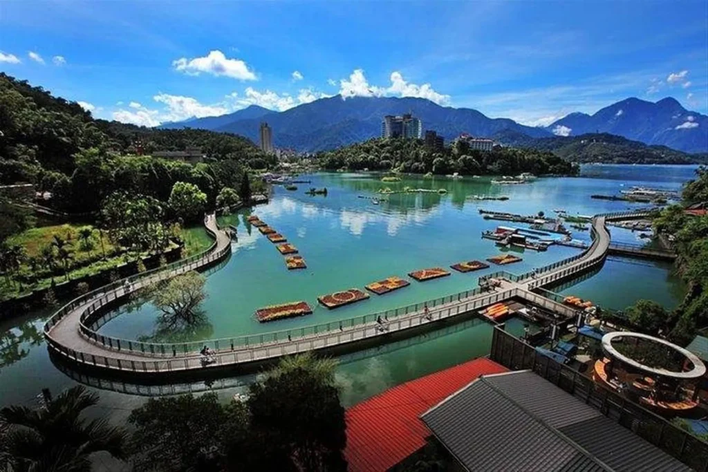 Sun Moon Lake in central Taiwan surrounded by forested hills and tea plantations