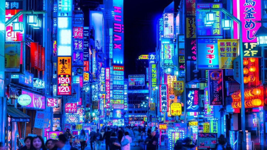 Shinjuku neon-lit street in Tokyo at night