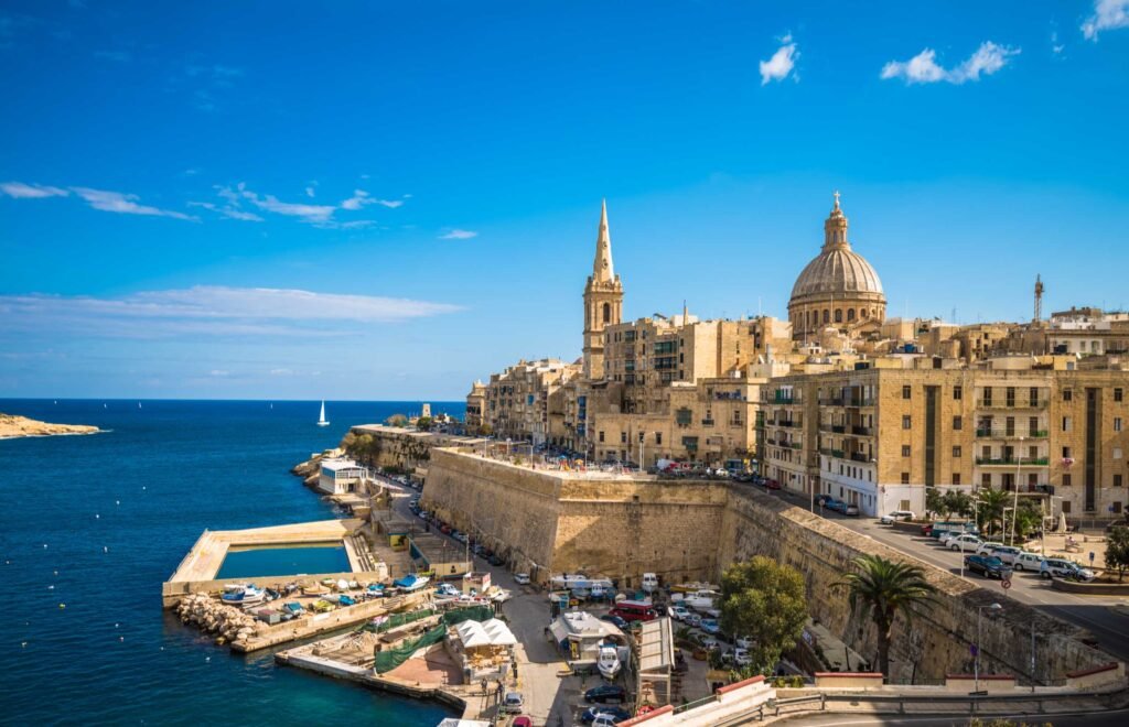 Historic limestone streets and baroque architecture in Valletta, Malta