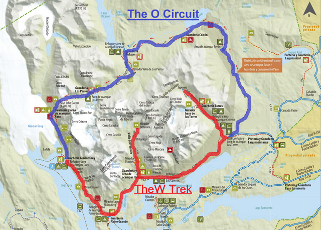 Torres del Paine W Trek map - Patagonia travel guide Chile showing route through Mirador Las Torres, Valle del Frances and Glaciar Grey