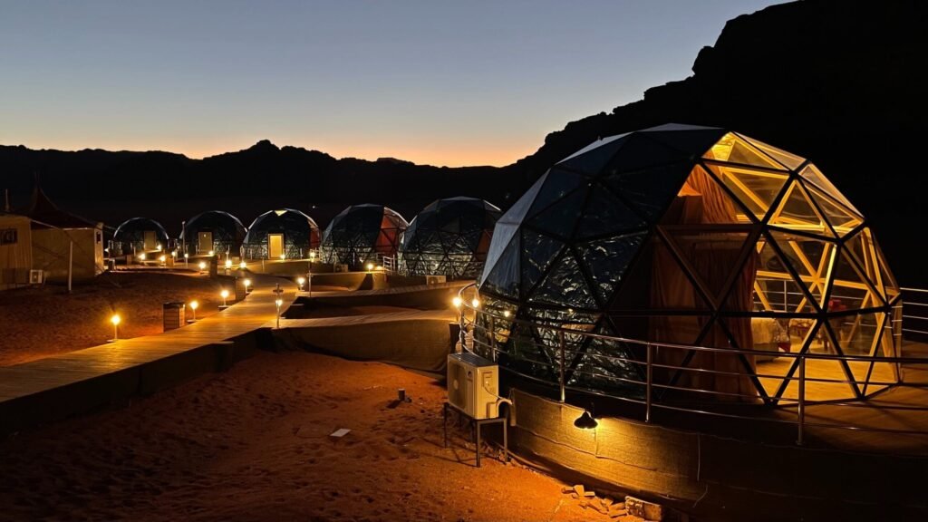 Bubble dome camp at night in Wadi Rum Jordan desert