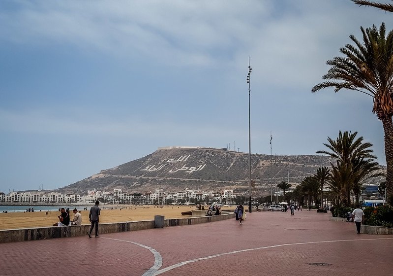 Agadir beach promenade with palm trees on Morocco's Atlantic coast