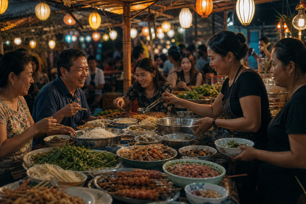 Asian street-food market with local vendors and diners