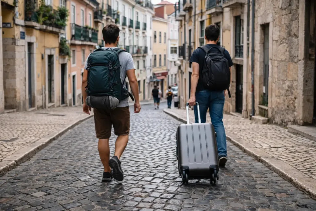 Traveler carrying a carry-on backpack on a cobblestone street in Europe, showing why a backpack is better than a suitcase