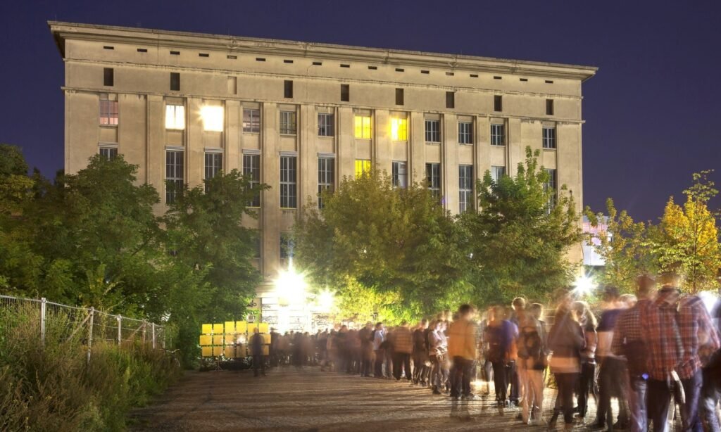 Berghain club entrance queue at night, Berlin's iconic techno venue
