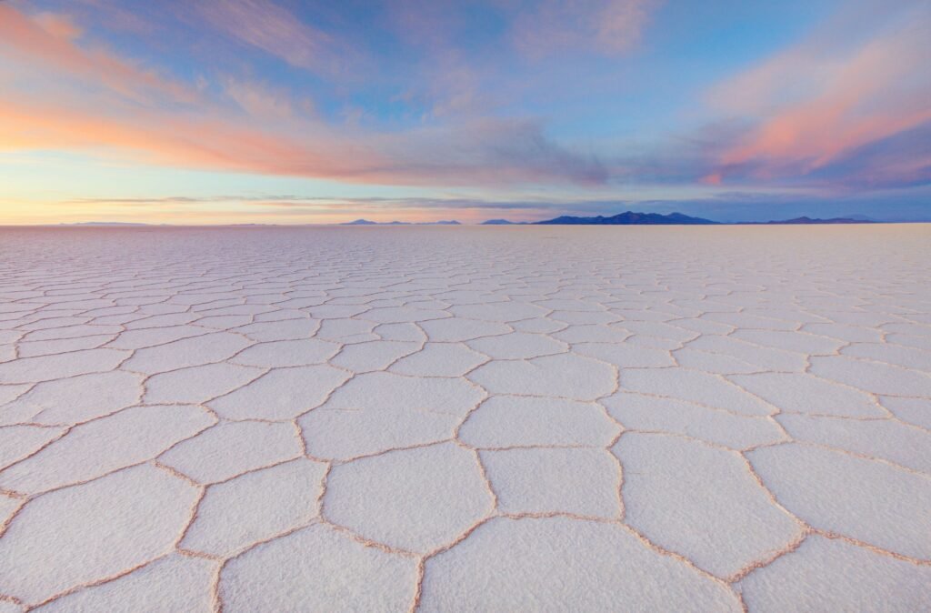 Dry season hexagonal salt patterns on Salar de Uyuni, Bolivia