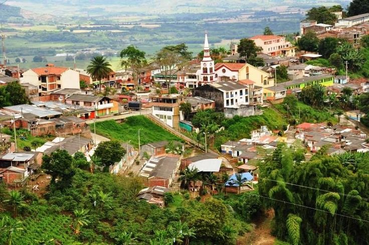 Panoramic view of Buenavista village overlooking the Eje Cafetero valley, Colombia coffee region