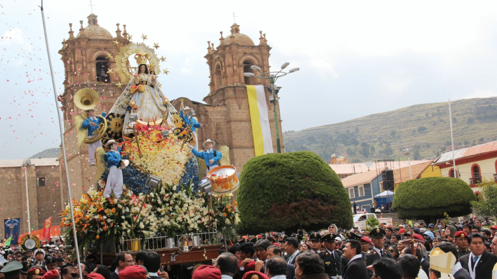 Colourful dancers during the Candelaria Festival in Puno, Peru