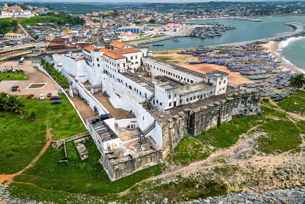 Aerial view of Cape Coast Castle, a UNESCO World Heritage Site on the coast of Ghana, West Africa
