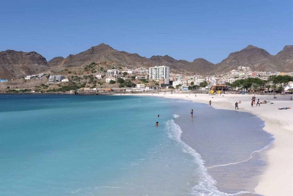 Sandy beach and mountains on Sao Vicente island, Cape Verde