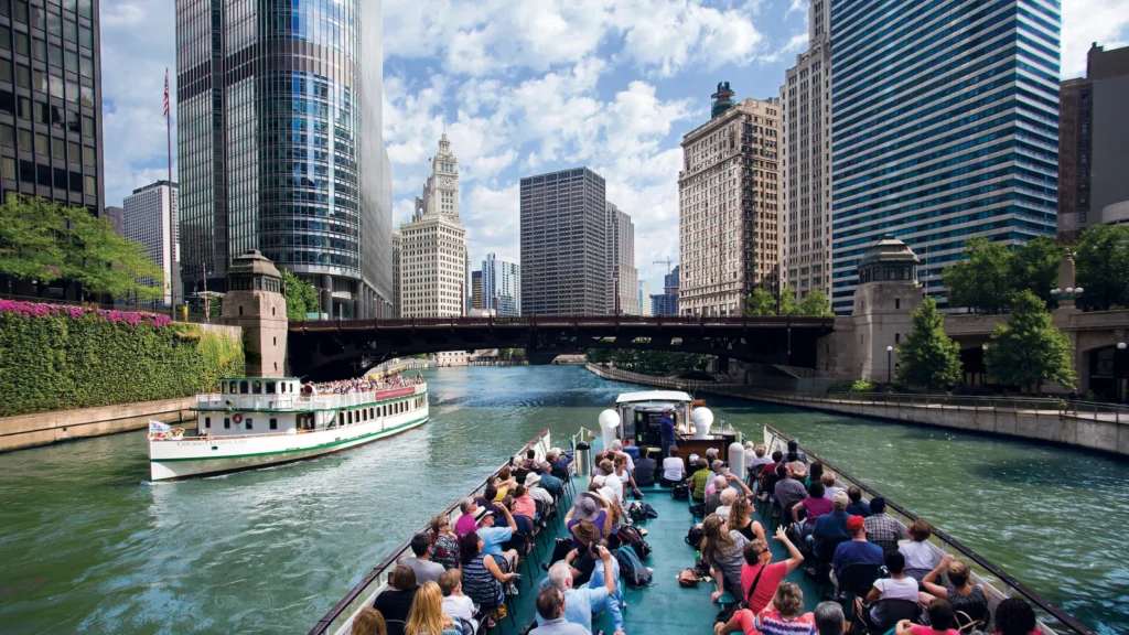 Chicago skyline and riverfront skyscrapers seen from an architecture boat tour
