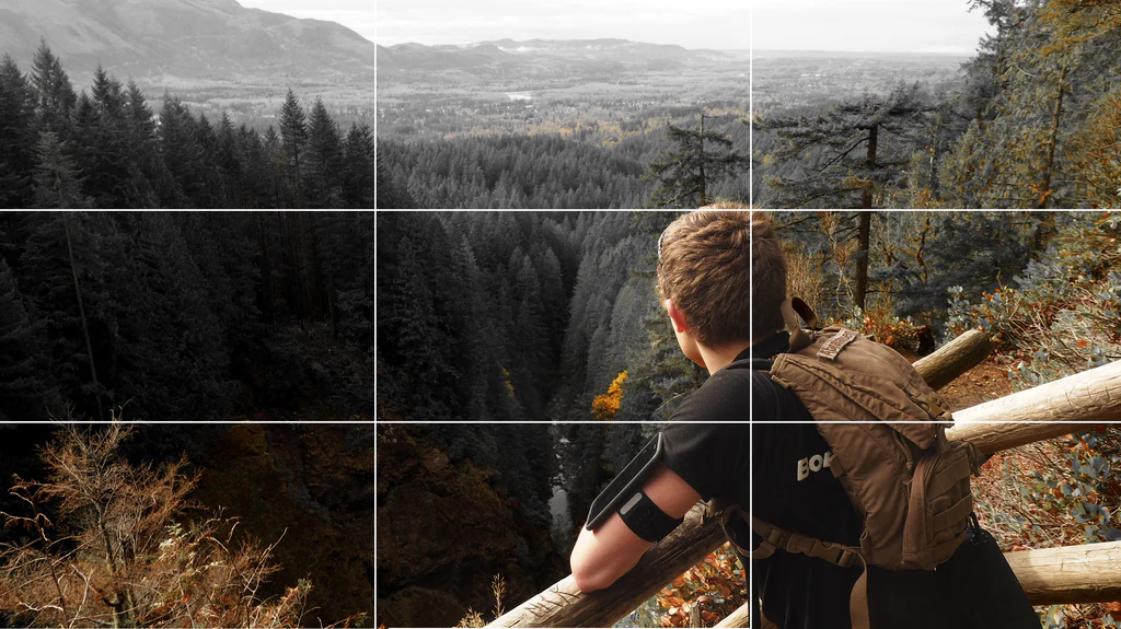 rule of thirds composition grid example for beginner travel photography - hiker overlooking mountain landscape