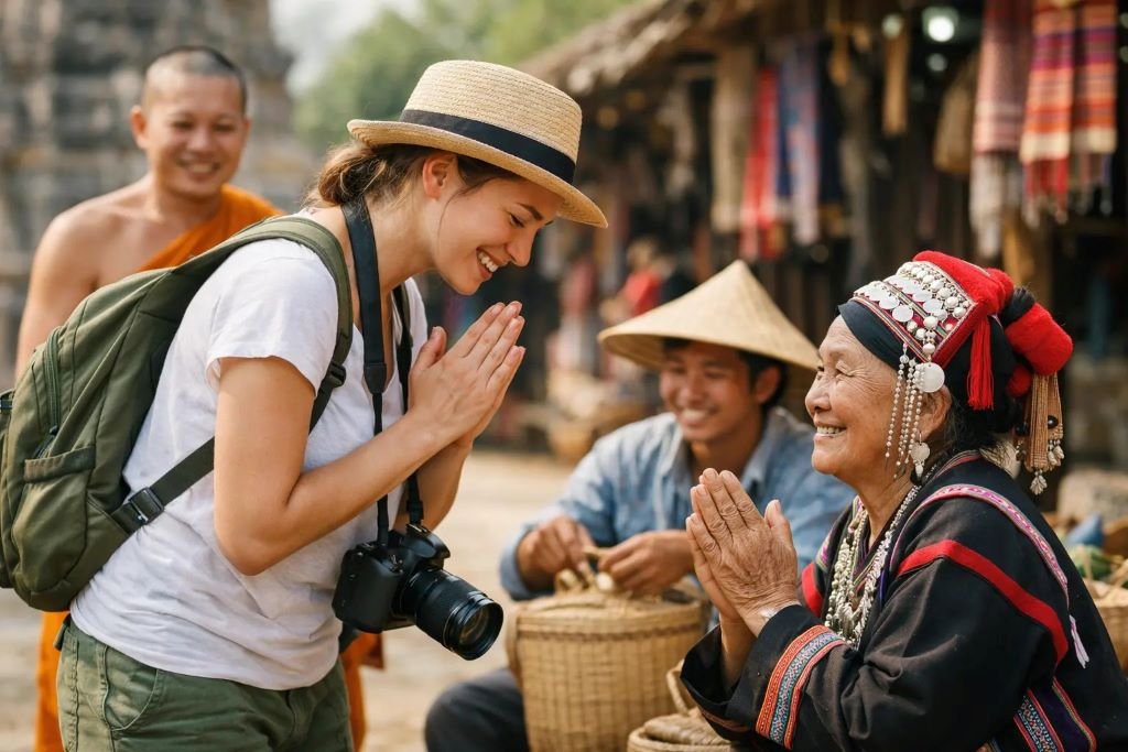 slow traveler connecting with local people at a village market - immersive cultural experience