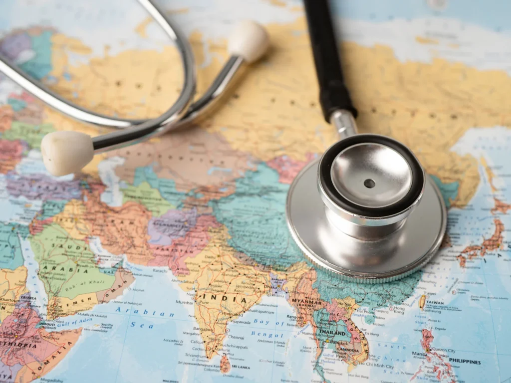 Traveler researching healthcare access and destination conditions before a trip