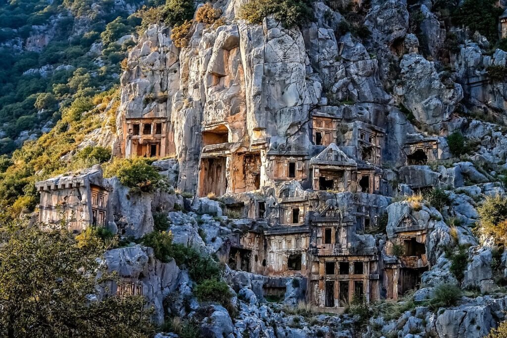 Lycian rock tombs carved into clifftops above Fethiye, Turkey Turquoise Coast