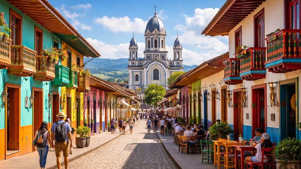 Colonial church and colorful balconied street in Filandia, a hidden gem in the Colombia coffee region