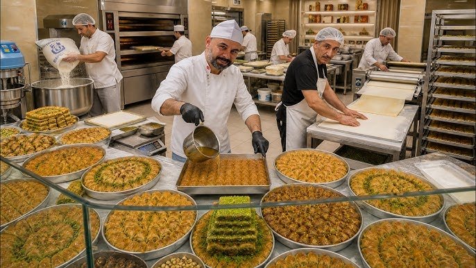 Gaziantep baklava with pistachio at a traditional Turkish baklava bakery