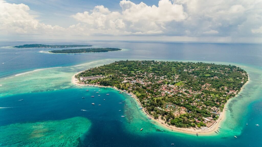 Gili Trawangan Indonesia aerial view - best islands Southeast Asia travel near Bali with white sand beaches