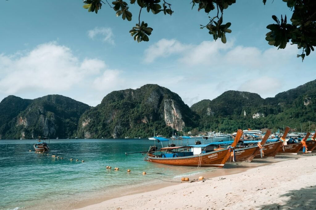Longtail boats moored on a beach on Thailand's Gulf coast islands
