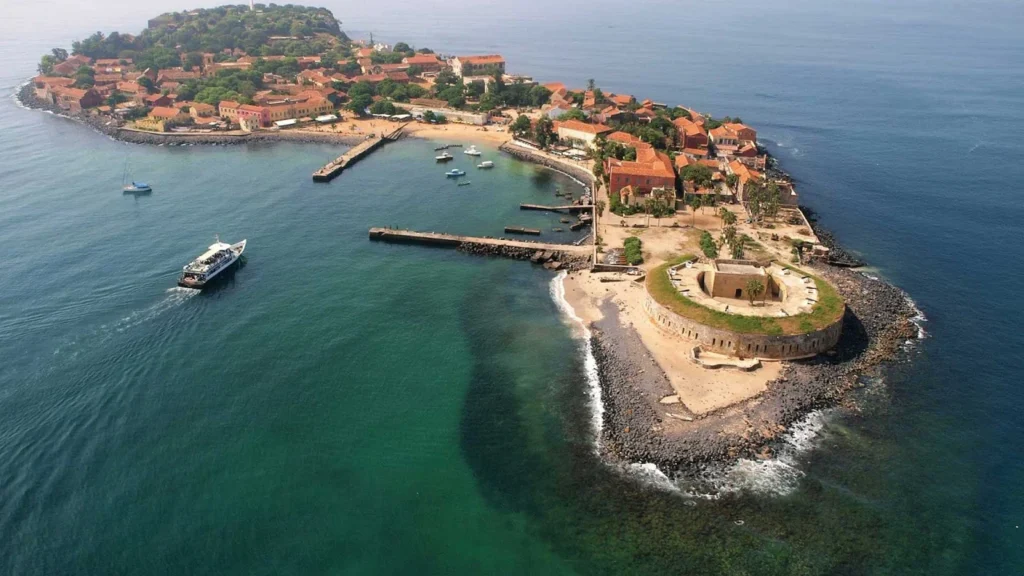 Aerial view of Île de Gorée island off the coast of Dakar, Senegal, West Africa