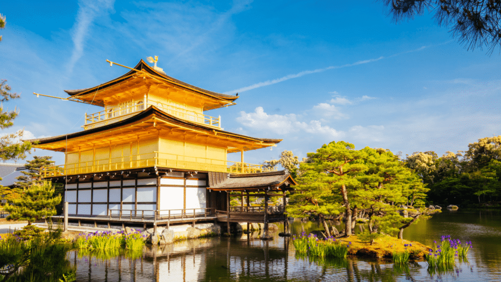 Kinkaku-ji Golden Pavilion beside its reflecting pond in Kyoto, Japan