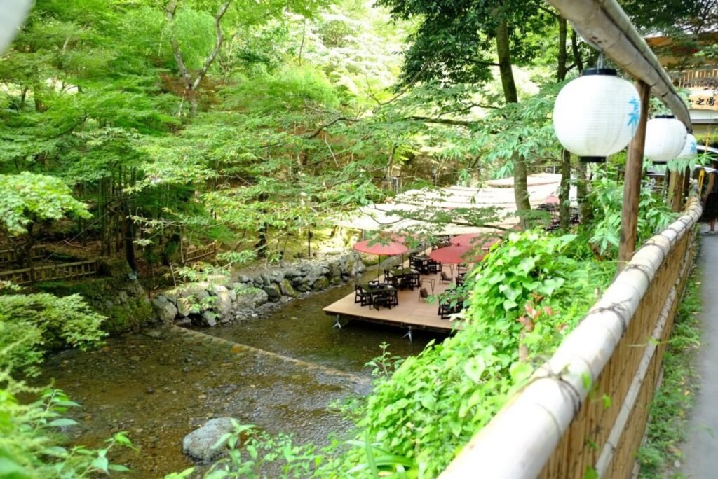 Kawadoko riverside dining platforms over the river in Kibune near Kyoto
