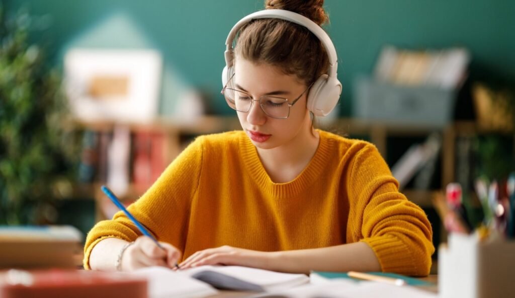A girl listening to a language learning podcast with study notes