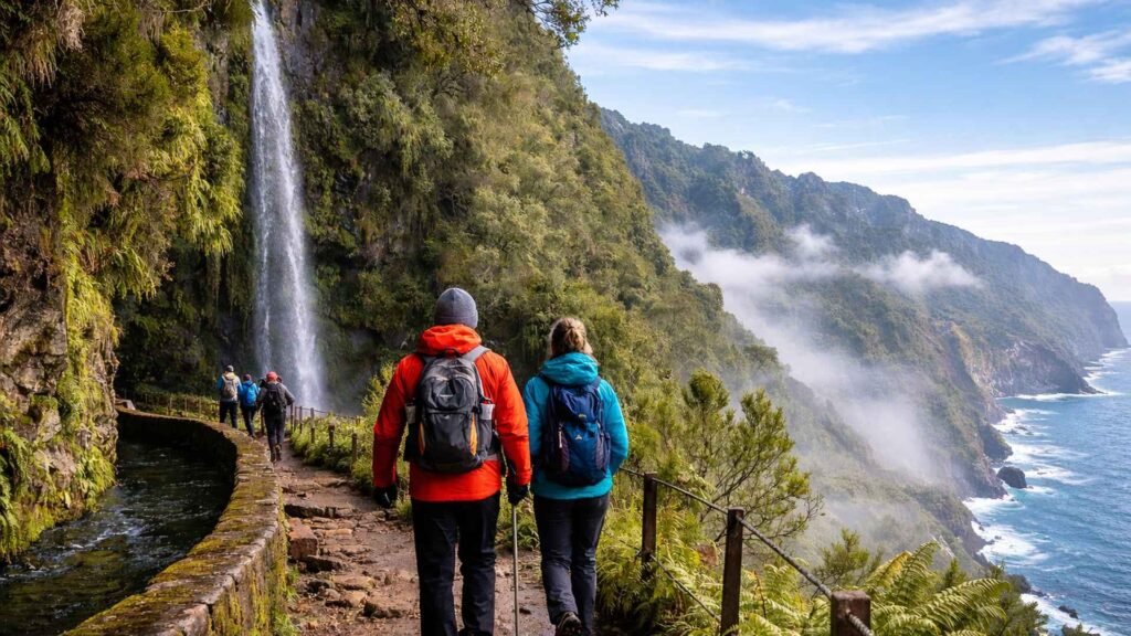 Hikers on a levada trail near a waterfall in Madeira