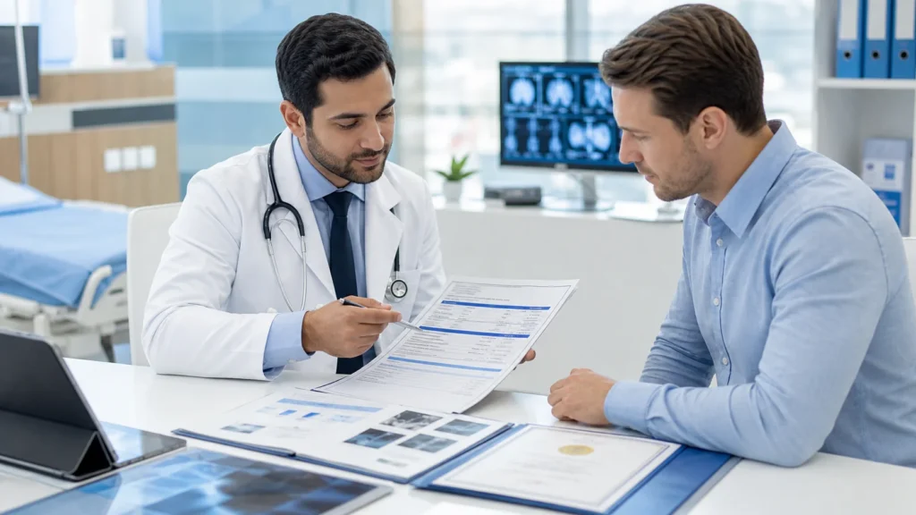 Traveler discussing medical needs and prescriptions with a doctor before an international trip