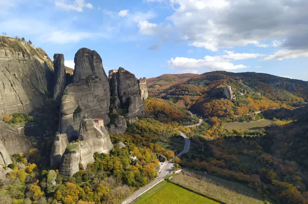 Hiking trail beneath Meteora rock formations Greece