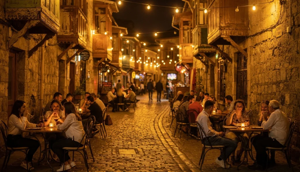 Old Town Tbilisi cobblestone street with outdoor dining at night