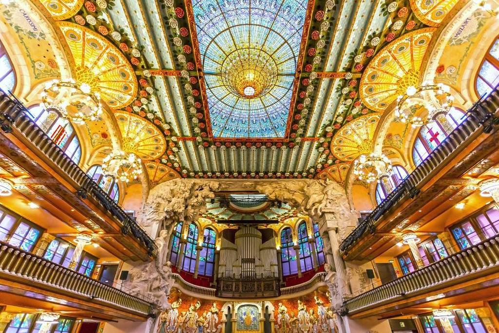 Ornate interior of Palau de la Música Catalana in Barcelona