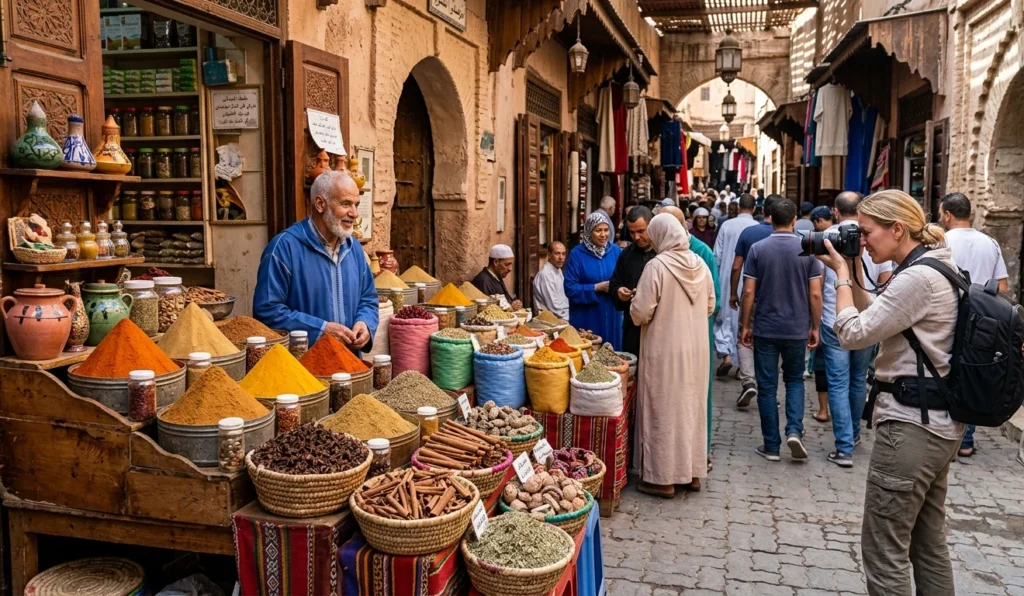 travel photographer capturing candid moments in a Moroccan souk market - subject tips for travel photography beginners