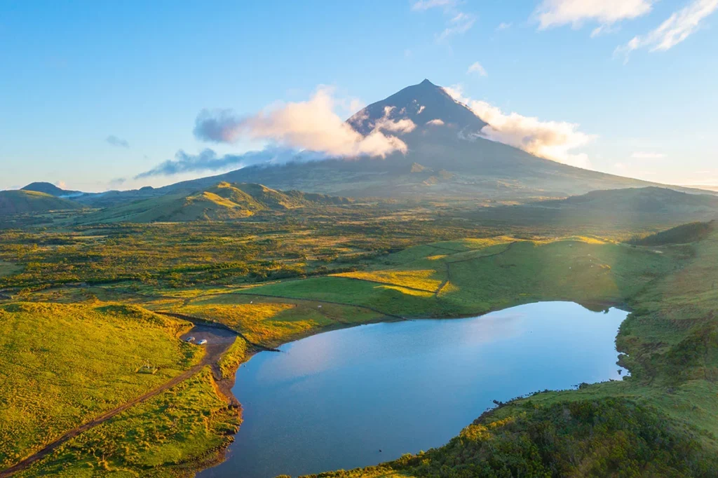 Pico Island vineyards and Mount Pico in the Azores, Portugal