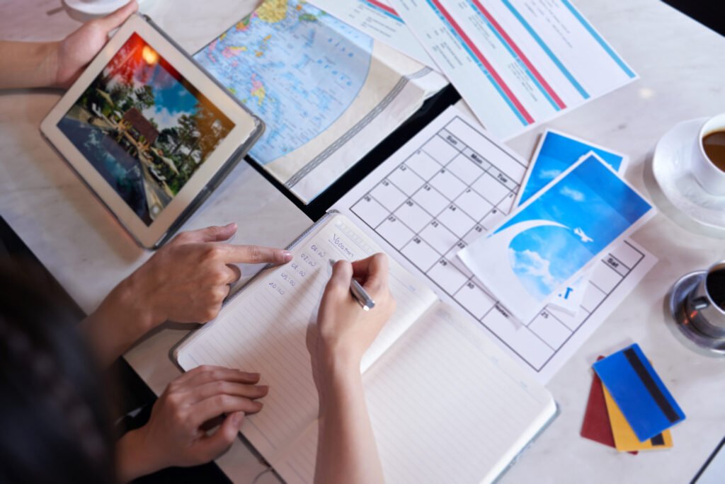 Multi-country trip itinerary calendar with travel dates and planning notes