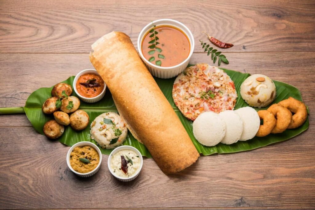 South Indian breakfast with dosa, vada and sambar