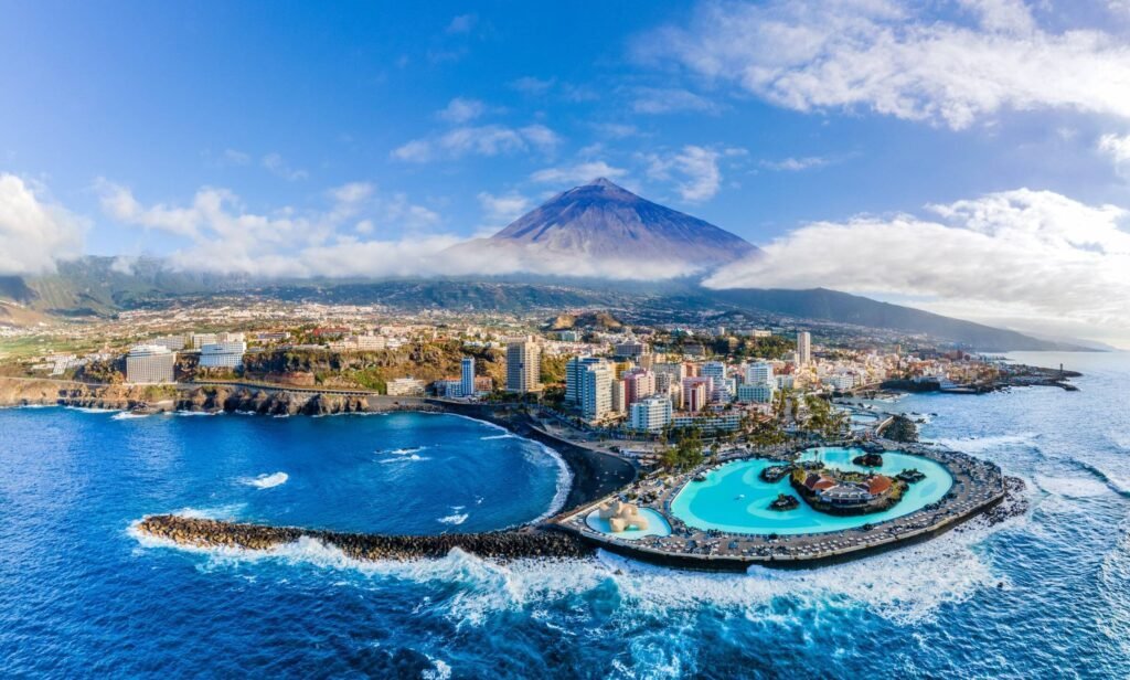 Mount Teide towering over Tenerife's coastline in the Canary Islands